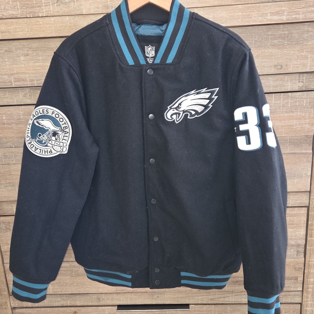 Philadelphia Eagles Black Wool Blend Varsity Bomber Jacket Medium NFL Apparel